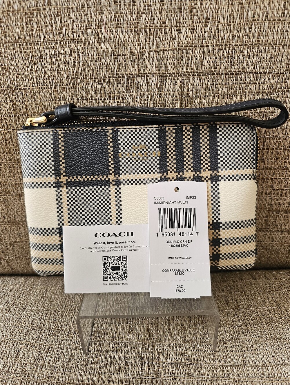 Coach Midnight Multi Plaid Zip Wristlet in Black, Cream & Tan
